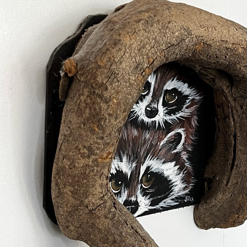 Rustic Hand Painted Raccoon Folk Art Wood  Branch Frame Dimensional signed